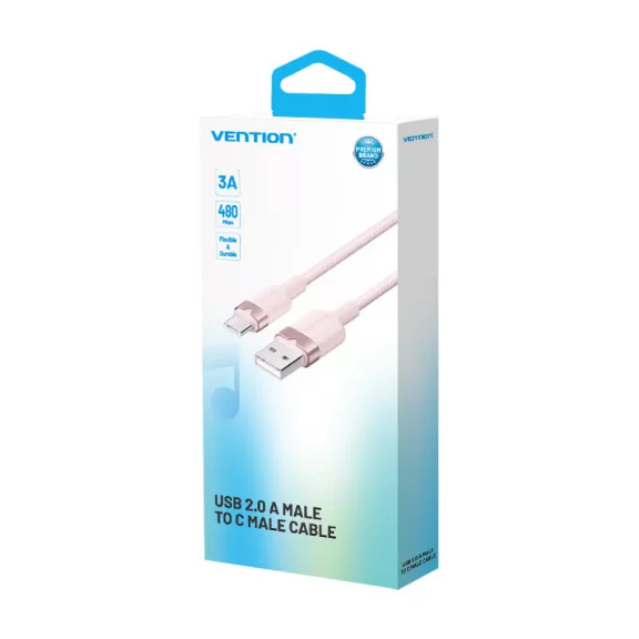 Vention USB-A 2.0/M -> USB-C/M, 1m,(pink,3A), kábel