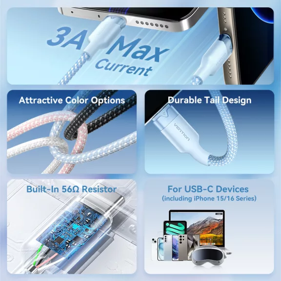Vention USB-A 2.0/M -> USB-C/M, 2m,(fehér,3A), kábel