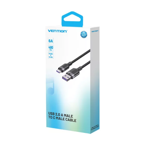 Vention USB-A 2.0/M -> USB-C/M, 2m,(fekete,6A), kábel