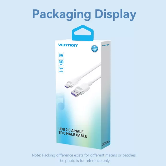 Vention USB-A 2.0/M -> USB-C/M, 2m,(fehér,6A), kábel
