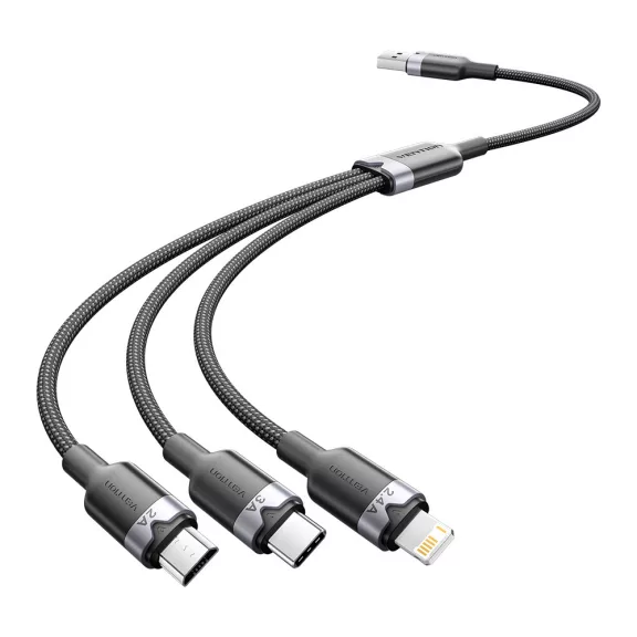 Vention USB-A 2.0/M -> USB-C/Lightning/Micro USB-B, 1,5m,(fekete,3A,3in1), kábel