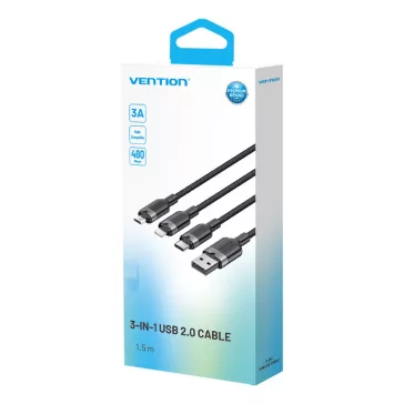   Vention USB-A 2.0/M -> USB-C/Lightning/Micro USB-B, 1,5m,(fekete,3A,3in1), kábel