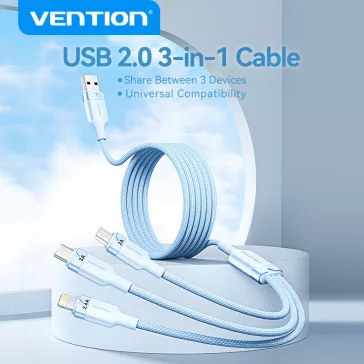   Vention USB-A 2.0/M -> USB-C/Lightning/Micro USB-B, 1,5m,(blue,3A,3in1), kábel