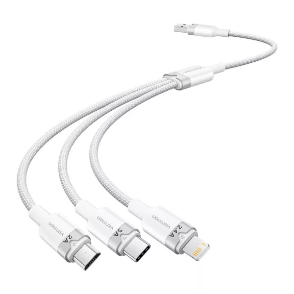 Vention USB-A 2.0/M -> USB-C/Lightning/Micro USB-B, 1,5m,(fehér,3A,3in1), kábel
