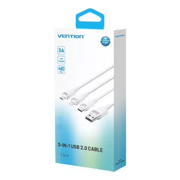   Vention USB-A 2.0/M -> USB-C/Lightning/Micro USB-B, 1,5m,(fehér,3A,3in1), kábel