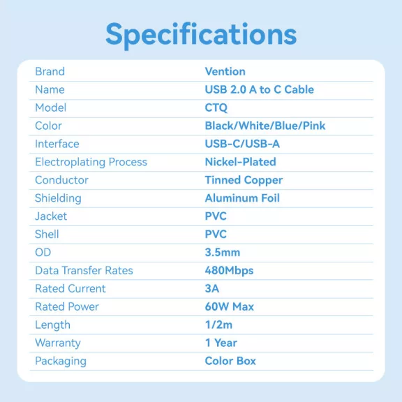 Vention USB-A 2.0/M -> USB-C/M, 1m,(blue), kábel