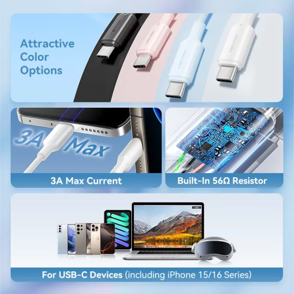 Vention USB-A 2.0/M -> USB-C/M, 2m,(pink), kábel