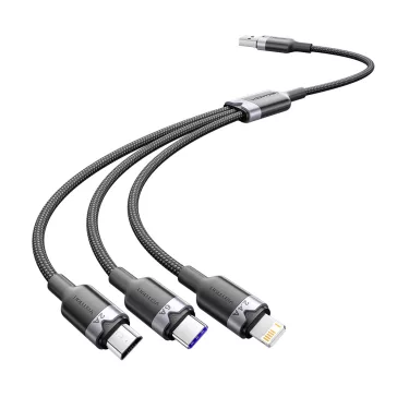  Vention USB-A 2.0/M -> USB-C/Lightning/Micro USB-B, 1,5m,(fekete,6A,3in1), kábel