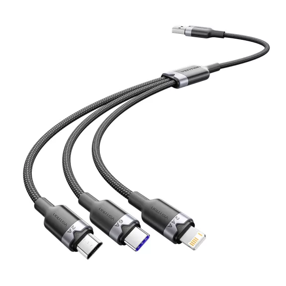 Vention USB-A 2.0/M -> USB-C/Lightning/Micro USB-B, 1,5m,(fekete,6A,3in1), kábel