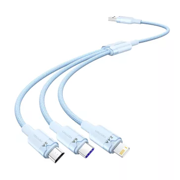   Vention USB-A 2.0/M -> USB-C/Lightning/Micro USB-B, 1,5m,(blue,6A,3in1), kábel