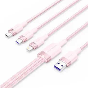   Vention USB-A 2.0/M -> USB-C/Lightning/Micro USB-B, 1,5m,(pink,6A,3in1), kábel