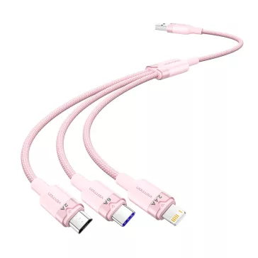   Vention USB-A 2.0/M -> USB-C/Lightning/Micro USB-B, 1,5m,(pink,6A,3in1), kábel