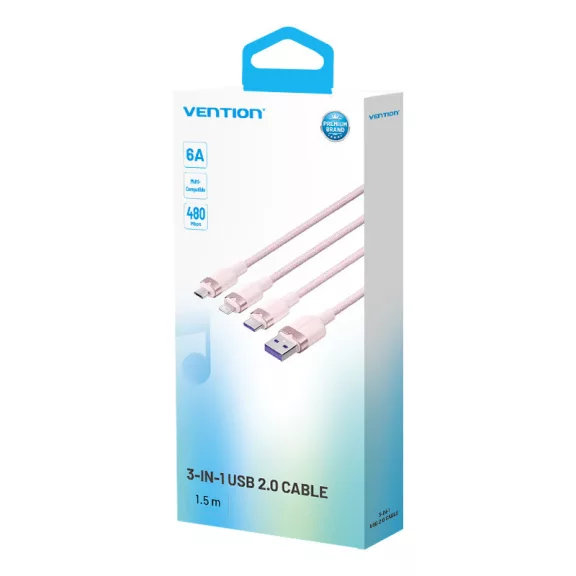 Vention USB-A 2.0/M -> USB-C/Lightning/Micro USB-B, 1,5m,(pink,6A,3in1), kábel