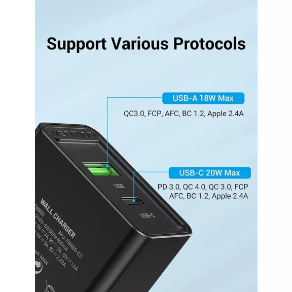 Vention USB-A+C (2port, 18W/20W,fekete), töltő