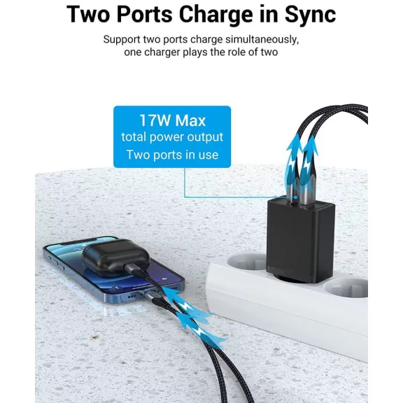 Vention USB-A+C (2port, 18W/20W,fekete), töltő