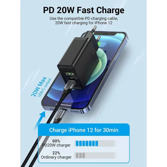 Vention USB-A+C (2port, 18W/20W,fekete), töltő