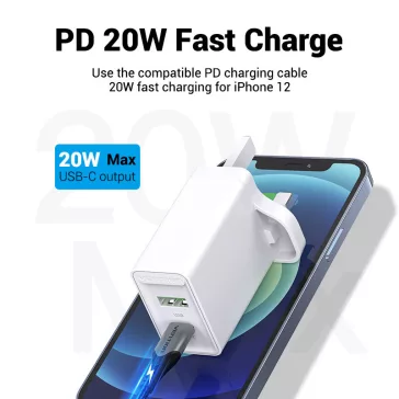   TÖLTŐ USB-A+C (2port, 18W/20W,fehér, UK csatlakozó), Vention