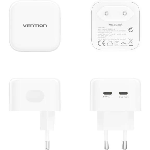 Vention USB-C+C (2port,35W/35W,fehér), töltő