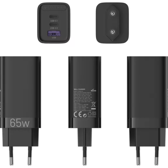 Vention USB-C+C+A (65W/30W/30W,  3-portos, fekete), töltő