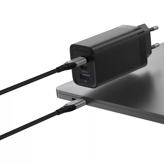 Vention USB-C+C+A (65W/30W/30W,  3-portos, fekete), töltő