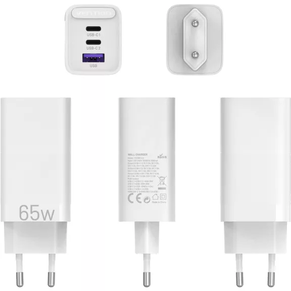 Vention USB-C+C+A (65W/30W/30W,  3-portos, fehér), töltő