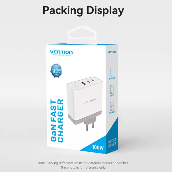 Vention USB-C*2+A (3port,GAN,100W/100W/30W,fehér), töltő
