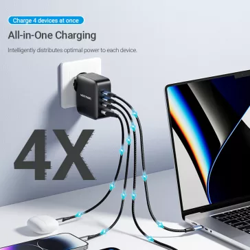   Vention 4-port USB-C+C+C+A (140W/140W/30W/18W 4-portos, GaN, fekete),1,5m, töltő