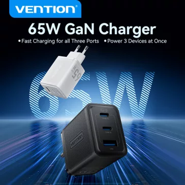   Vention USB-C+C+A (65W/65W/60W, 3-portos GaN, fehér), töltő