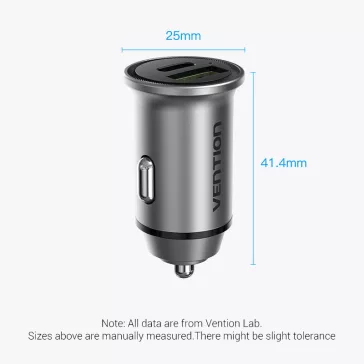   Vention USB-A+C (2port,18/20W, szürke, szivargyújtós), töltő