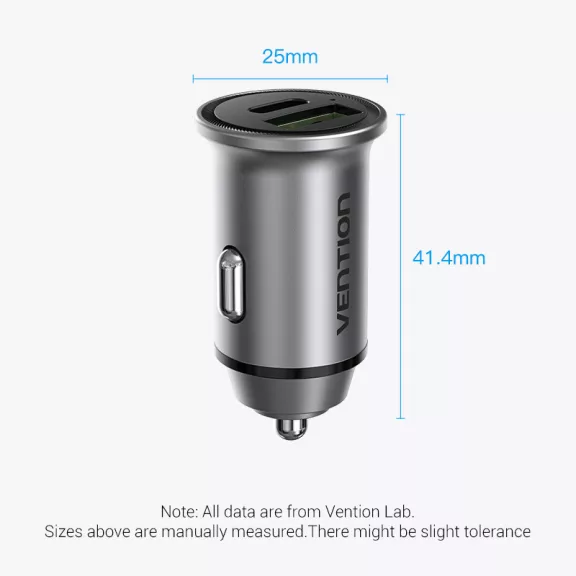 Vention USB-A+C (2port,18/20W, szürke, szivargyújtós), töltő