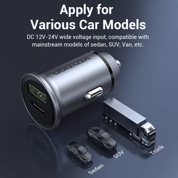 Vention USB-A+C (2port,18/20W, szürke, szivargyújtós), töltő