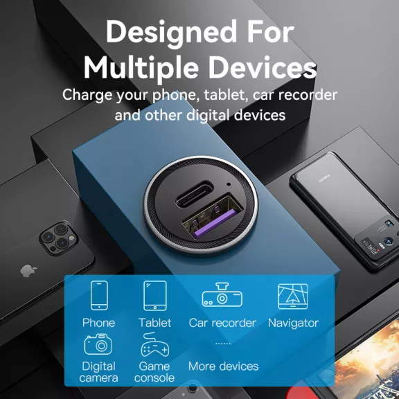 Vention USB-A+C (2port,30W, szürke, szivargyújtós), töltő