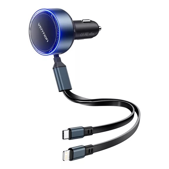 Vention USB-C*2+Lightning (3port,30W, szivargyújtós), töltő