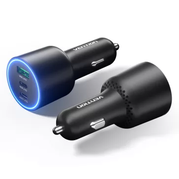   Vention USB-A+C*2 (3port,100/75/36W, fekete,szivargyújtós), töltő