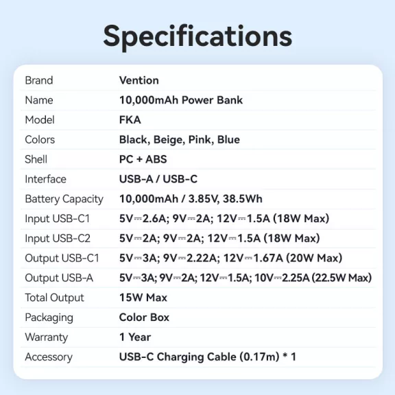 Vention FKAN0-C 10000mah, (bézs,22,5W), powerbank