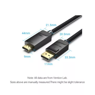  Vention DisplayPort/M -> HDMI (4K,szövet,fekete), 5m, kábel
