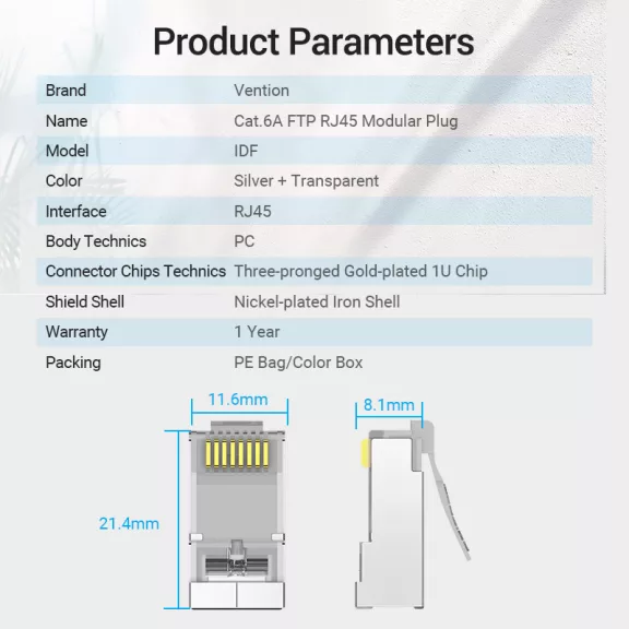 Vention FTP (Cat.6 ,RJ45,átlátszó) 10db, csatlakozó