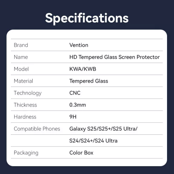 Vention Samsung Galaxy s25+, (HD edzett üveg, pormentesítővel), telefon kijelző védő üveg