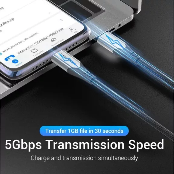 Vention USB-C 3.1/M -> USB-C 3.1/M,  (szövet, szürke), 0,5m, kábel