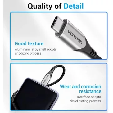   Vention USB-C 3.1/M -> USB-C 3.1/M,  (szövet, szürke), 0,5m, kábel