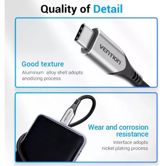 Vention USB-C 3.1/M -> USB-C 3.1/M,  (szövet, szürke), 0,5m, kábel