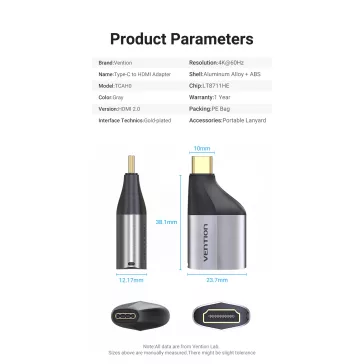 Vention USB-C -> HDMI/F (4K,60Hz, ABS, szürke), adapter