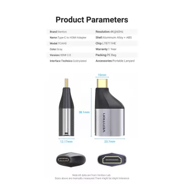 Vention USB-C -> HDMI/F (4K,60Hz, ABS, szürke), adapter