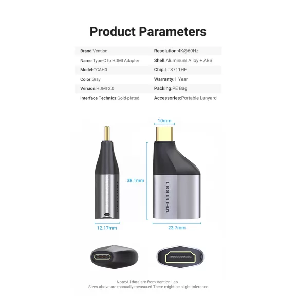 Vention USB-C -> HDMI/F (4K,60Hz, ABS, szürke), adapter