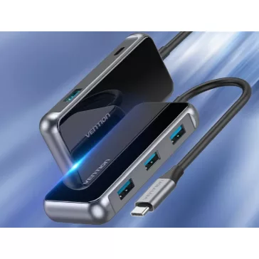   Vention USB-C -> USB3.0*4/PD (0,15m, szürke, tükrös felületű), Dokkoló