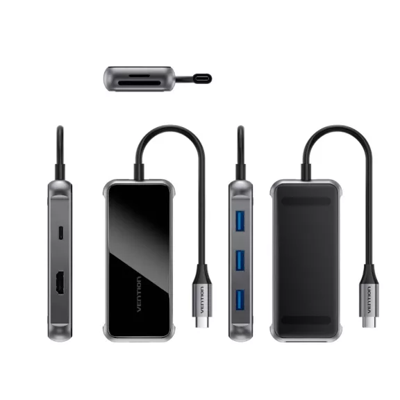 Vention USB-C -> HDMI/USB 3.0x3/SD/TF/PD (0,15m, szürke, tükrös felületű), Dokkoló