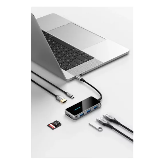 Vention USB-C -> HDMI/USB 3.0x3/SD/TF/PD (0,15m, szürke, tükrös felületű), Dokkoló