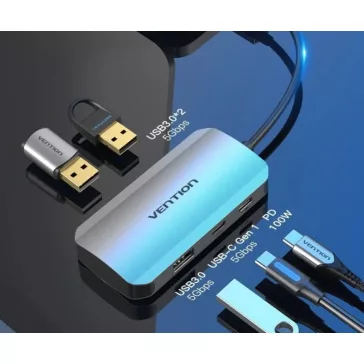   Vention USB-C -> USB3.0*3/Gigabit Ethernet/PD, 0,15m (szürke fémszerű), Hub
