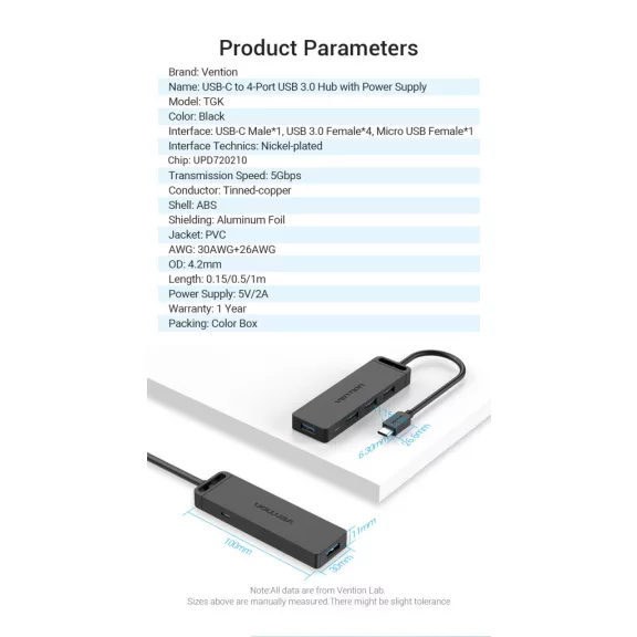 Vention USB-C -> USB-A 3.0*4 & Micro B USB 1m, Hub