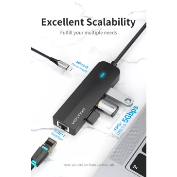Vention USB-C -> USB3.0*3/Micro USB-B/RJ45 0,15m, Hub